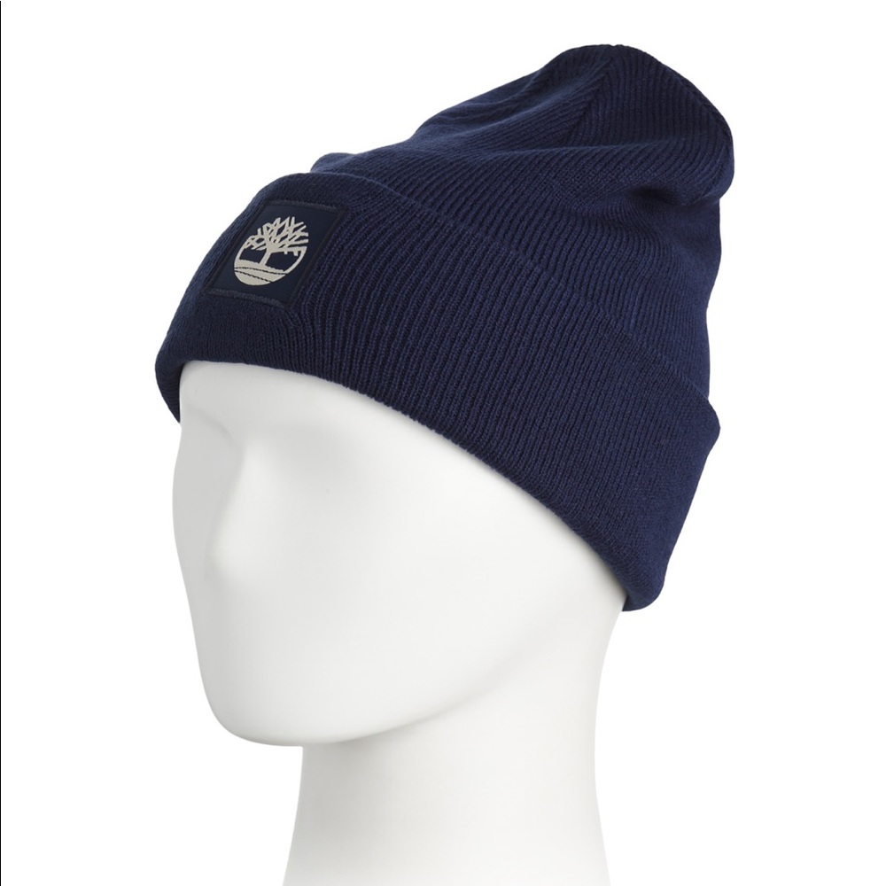 Timberland Navy Blue Cuffed Ribbed Knit Beanie with Tonal Logo Patch Unisex NWT